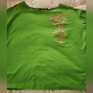 Vintage Bob Mackie Lime Green Short Sleeve Tee with Embroidered Dragon Xl